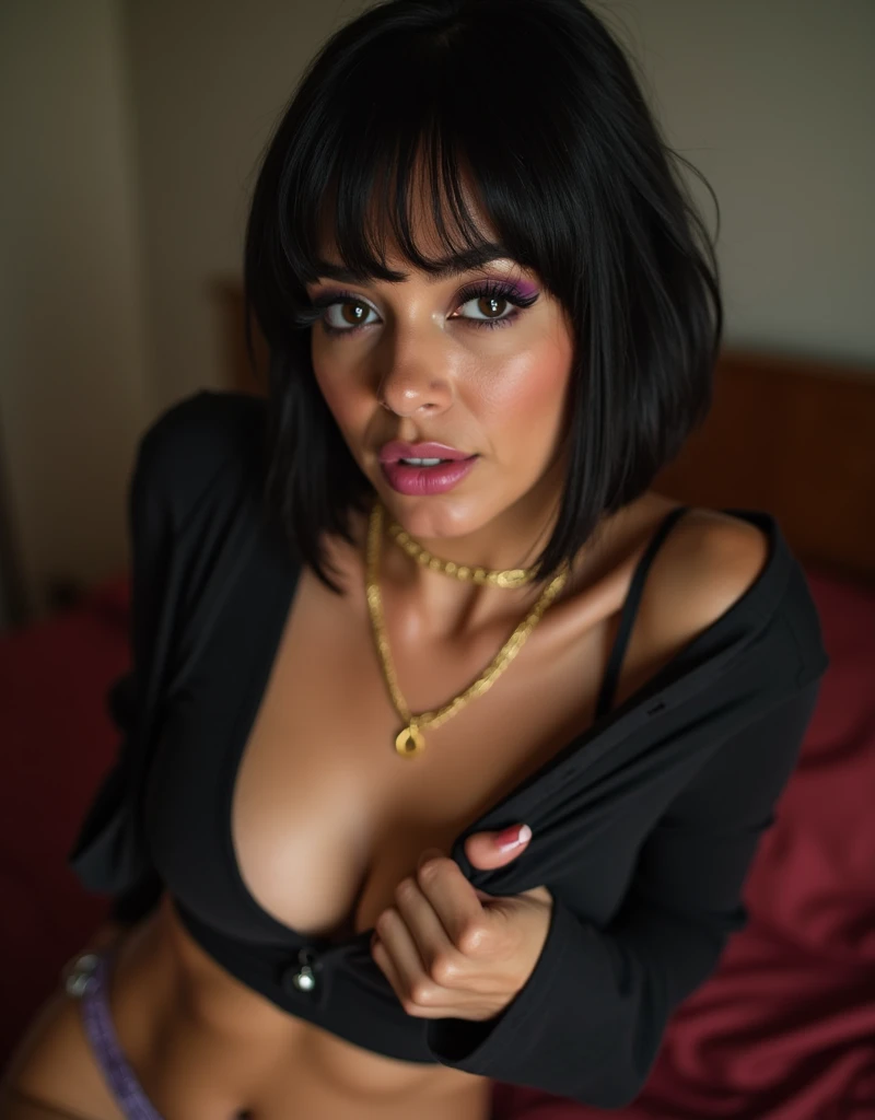 A hot Arabic mommy, (glossy pink lipstick, light purple eyeliner), sensual eyes and long eyelashes (glossy dark black hair bob haircut) , opened unzipped tight blouse, mini skirt, photo