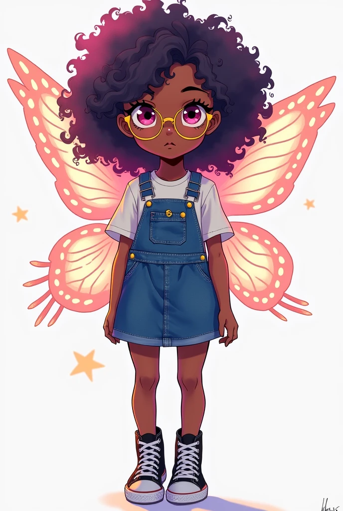 A girl with dark skin, pink eyes, Purple curly hair, wearing a denim skirt jumpsuit and black all stars, with round yellow glasses and transparent fairy wings, anime styling