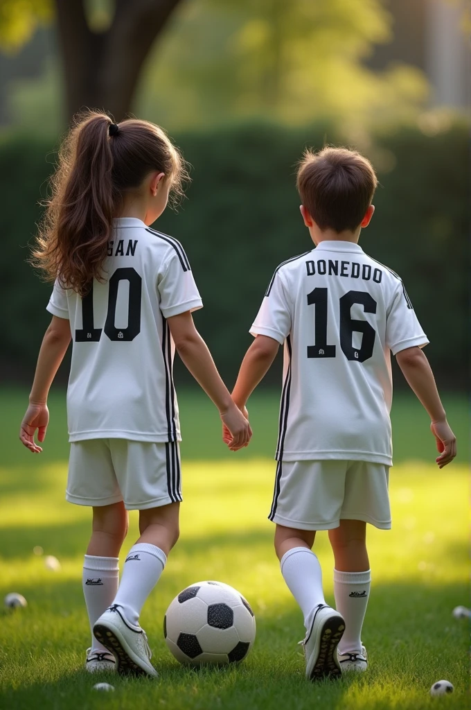 (Photorealistic) Brunette young lady playing  with a ponytail football with her young brother, picture of their backs, wearing a real madrid jersey