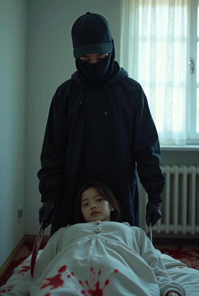 korean girl, (behind stiff, holding knife), stabbing, black balaclava mask, black gloves, white room, black raincoat, trucker hat, bloody knife, black gloves, woman on top, behind cadaver, blood splatter, on the bed, girl only, looking at viewer, mass murderer, killer, blood splatter, atmospheric realistic, light from the window,
