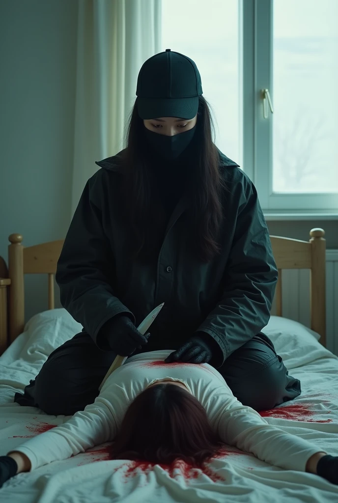 korean girl, (behind stiff, holding knife), stabbing, black balaclava mask, black gloves, white room, black raincoat, trucker hat, bloody knife, black gloves, woman on top, behind cadaver, blood splatter, on the bed, girl only, looking at viewer, mass murderer, killer, blood splatter, atmospheric realistic, light from the window,
