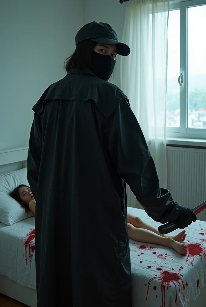 korean girl, (behind stiff, holding knife), stabbing, black balaclava mask, black gloves, white room, black raincoat, trucker hat, bloody knife, black gloves, woman on top, behind cadaver, blood splatter, on the bed, girl only, looking at viewer, mass murderer, killer, blood splatter, atmospheric realistic, light from the window,