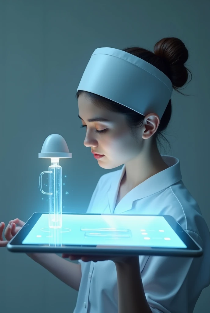 Realistic image of a tablet with a hologram of a nursing cap and lamp emerging from it. The nurse must wear a modern cap and a bun as her hairstyle..