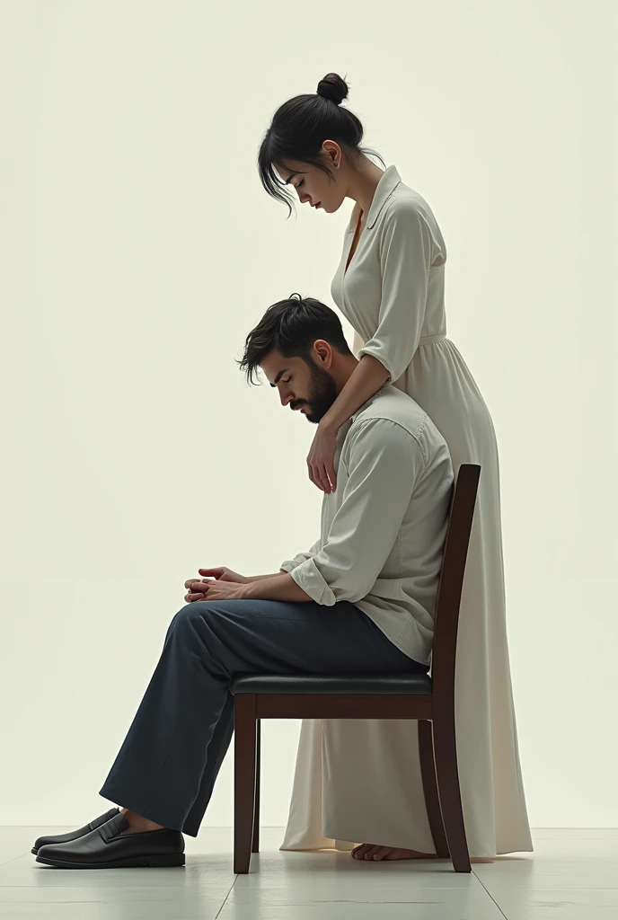 Homme assis sur une chaise. Une femme est debout derrière l'homme. 
