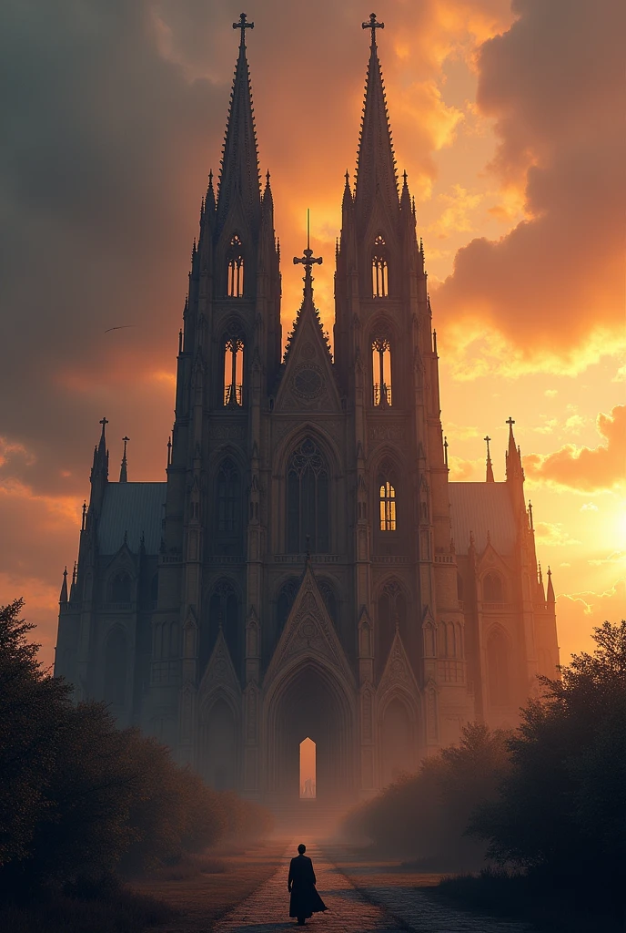 An imposing cathedral at dawn with dramatic shadows, symbolizing power and darkness.