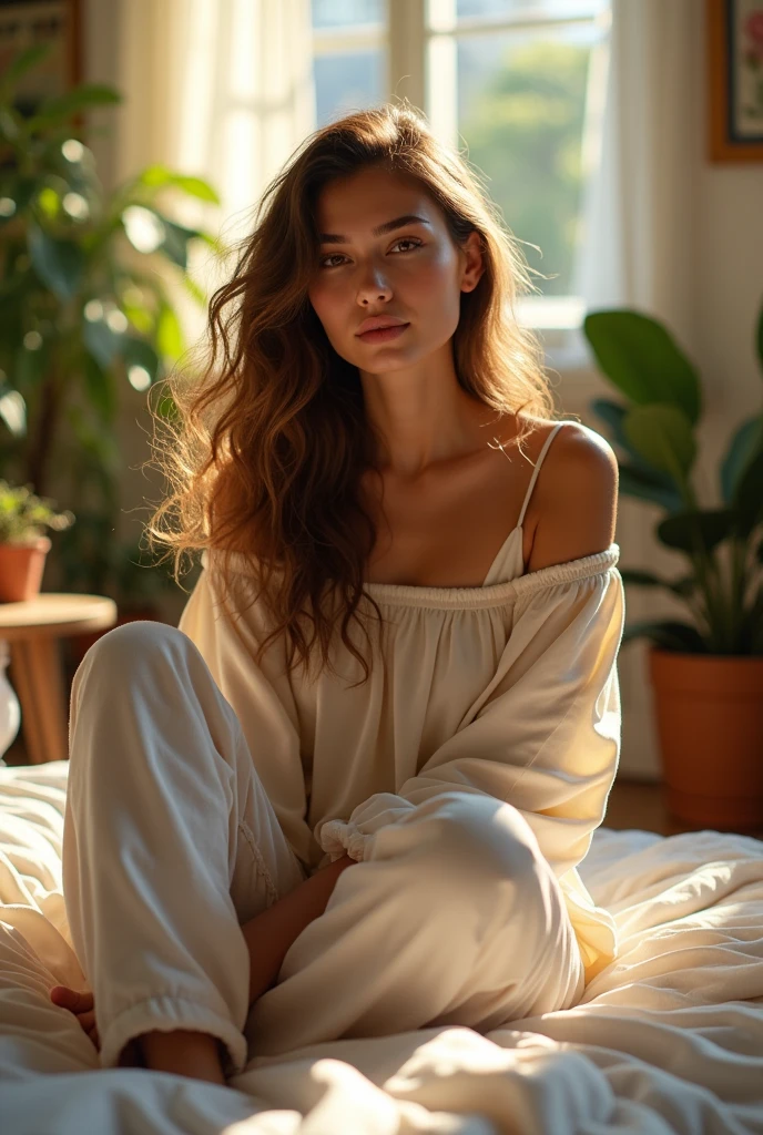 (photorealism:1.2), beautiful woman, sitting on bed, wearing loose off-shoulder top, pajama pants, long curly hair, indoors, soft lighting, plants in background, window with sunlight, cozy room, relaxed pose, realistic, intricate details, warm colors, by Greg Rutkowski, by Alphonse Mucha