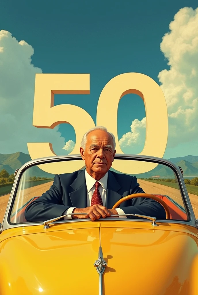 Make an image of President Juscelino Kubitscheck with the Brasília plateau and the number 50 behind him with him inside a yellow Brasília car