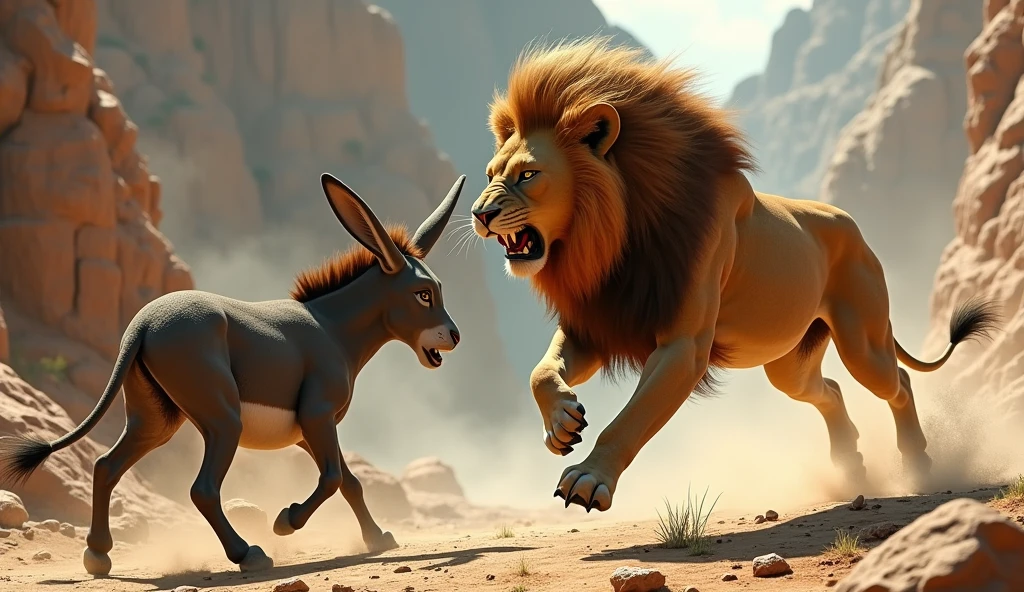The lion comes running and jumps at the donkey
