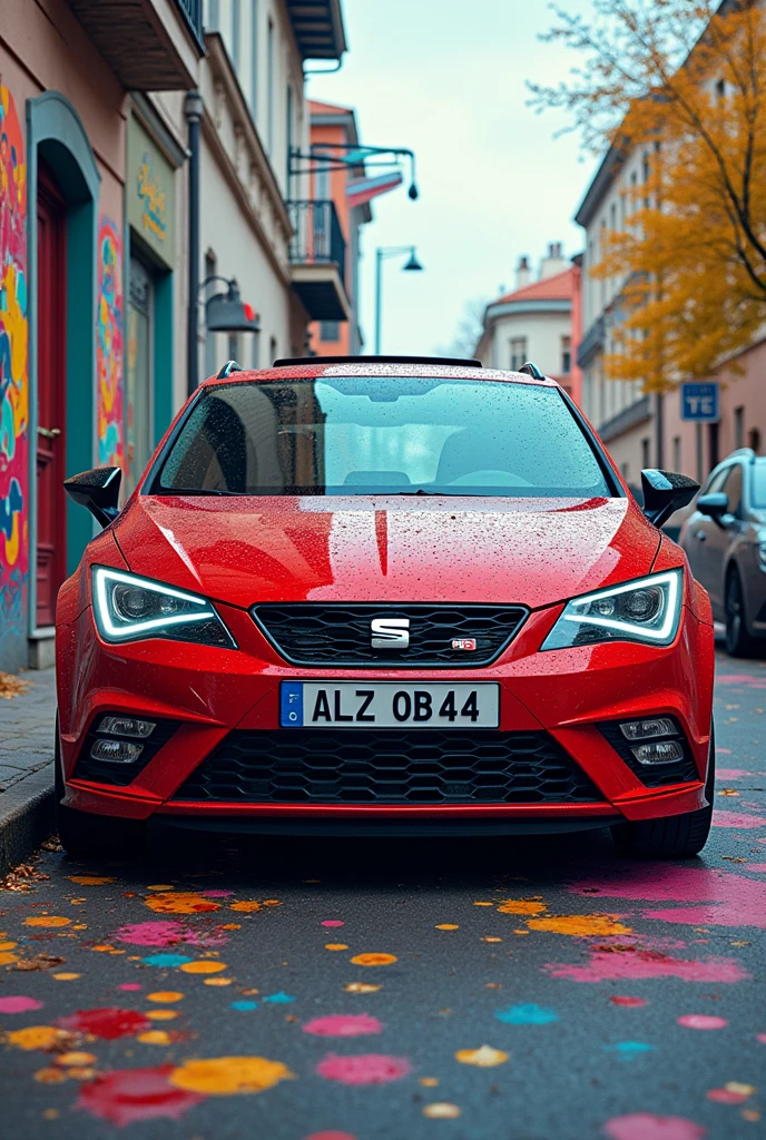Red Seat Ibiza with license plate ALZ OB 44 street art