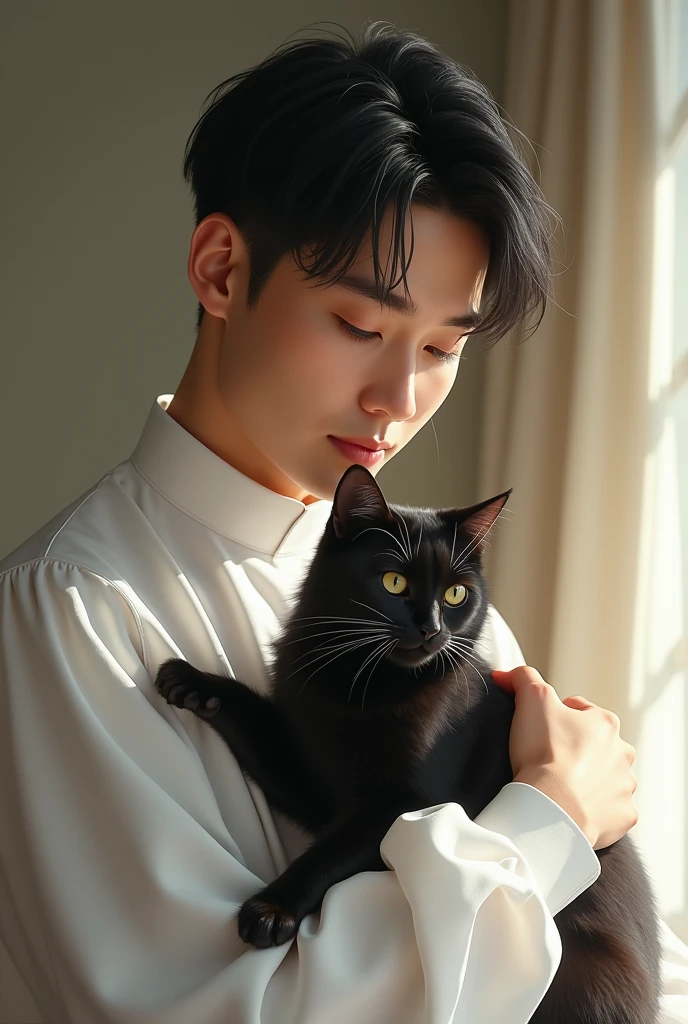 Create a realistic photo of a charismatic, cute, innocent looking and handsome filipino-korean seminarian in white sonata holding a black cat. I will use it as a cover in my novel about a boys love story of a seminarian and vampire.