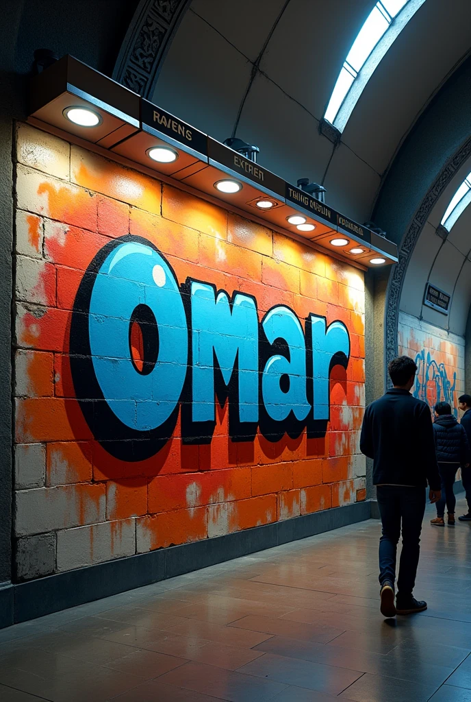 You write "OMAR" airbrushed on the wall of a train station. realistic. HdR