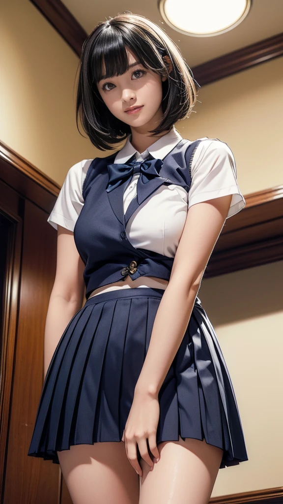 (masterpiece:1.2, Highest quality), (Realistic, photoRealistic:1.4), (Large Breasts:1.5, Saggy breasts:1.3), Beautiful illustrations, (Natural Side Lighting, Cinema Lighting), Written boundary depth, Looking at the audience, (Face Focus, Upper Body), Front view, 1 person, Japanese, Junior high school girl, , Perfect Face, Symmetrical cute face, Glowing Skin, (Bob Hair:1.7,Black Hair), Asymmetrical bangs, Big eyes, Droopy eyes, long eyelashes chest), thin, Beautiful Hair, Beautiful Face, Beautiful and beautiful eyes, Beautiful clavicle, Beautiful body, Beautiful breasts, Beautiful thighs, Beautiful legs, Beautiful fingers, ((Quality fabric texture, brown knit vest, Short sleeve white collar shirt, Navy Pleated Skirt, Navy bow tie)), (Beautiful views), evening, (Inside the flower shop), Are standing, (smile, wonderful, Open your mouth), (From below:1.5),(Poor horizon:1.5), (From below)
