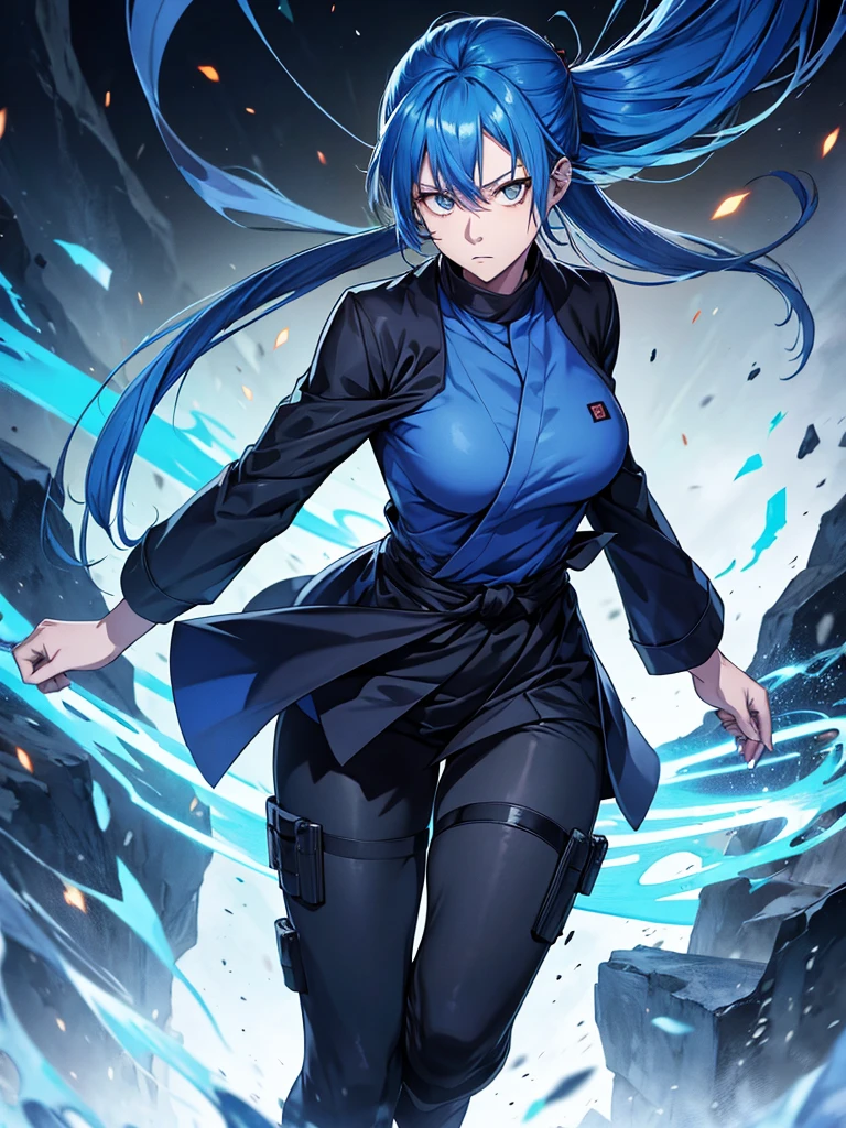 Jujutsu kaisen a GIRL with the jujutsu school uniform and has long blue hair and has a very powerful domain space