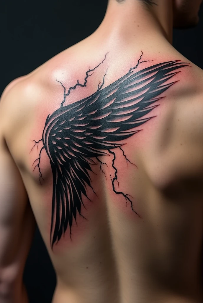 A tattoo design with a wing on the outer layer and lightnings behind of it on right shoulder