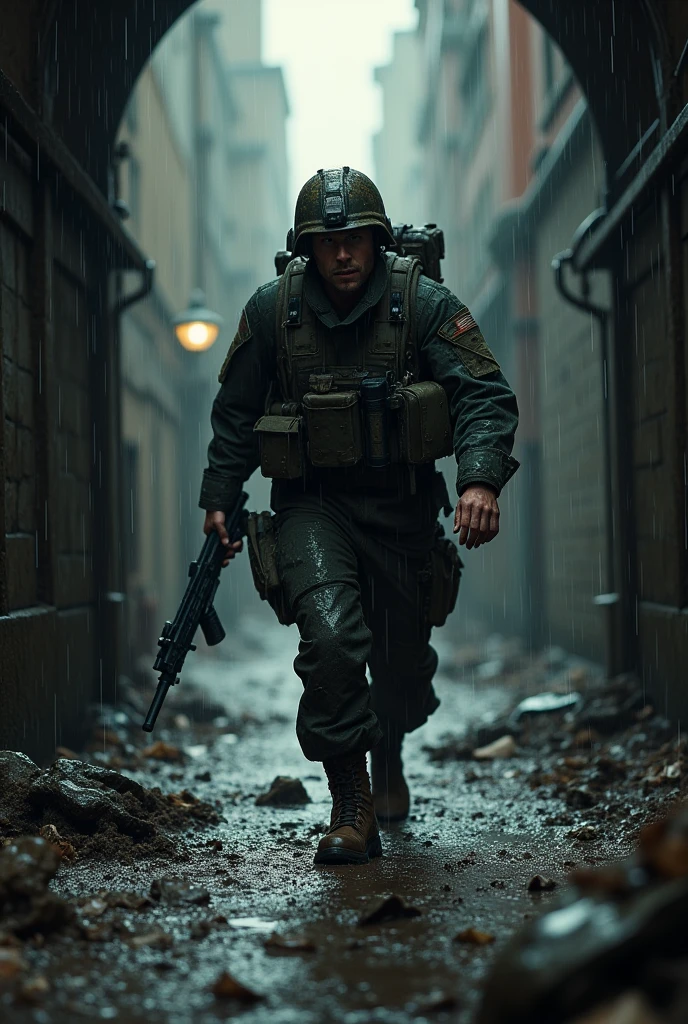 A soldier coming out of the sewers in the mud in the rain