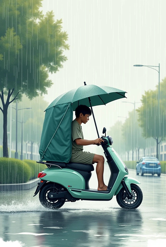 A student sheltered under an umbrella or in a closed cabin while it rains.
Sun protection: A drawing showing a cooling shade or a roof over the student&#39;s head. While using an electric scooter