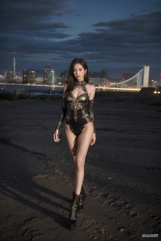 best quality, Ultra-high resolution, (Reality:1.3), 20 year old girl, Full body portrait,Very detailed face,Exquisite eyes,Perfect body,Exquisite mechanical clothing,Long legs,Boots,The endless city night scene in the background