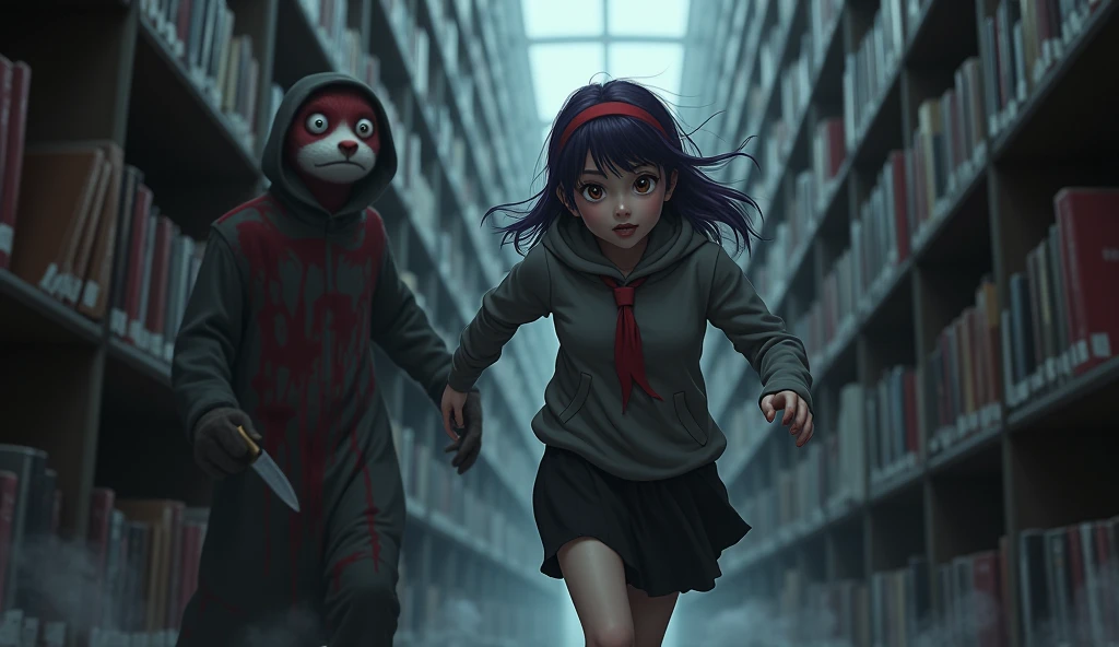 May ((A female student with long, dark purple hair that reaches the middle of her back. She always wears a red headband. She have a brown eyes color. She is wearing a long-sleeved shirt and a black skirt.)) The mole mascot ((A scary mole mascot costume, it wears a gray hoodie, a bloody suit and carries a knife)) starts walking toward May. Its heavy footsteps echo throughout the library. May steps back, feeling terrified. She turns around and starts running toward the other side of the library. She runs through the narrow passageways between the bookshelves, trying to find a way out. The mascot continues to follow closely behind.