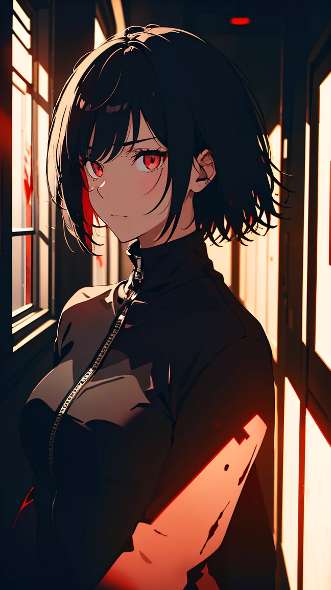Anime girl with (short black hair:1.1), black turtleneck long sleeve, black format pants, leather jacket with zipper, (silhouetted against a red, window-lit hallway:1.3), mysterious aura, dramatic shading, high contrast, intense and somber mood, (text overlay: ".is you.":1.1), close up shot on person, psychological thriller vibe, bulging eyes, serious face, traumatized, woman with blood on her face, blood stains in clothes, she looking a mirror, (shadowed face with a hint of light on eyes:1.2), dark, suspenseful atmosphere. interrogation room,