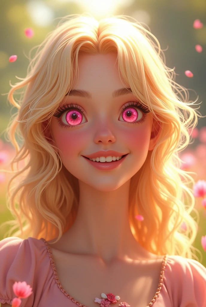 create a happy young blonde woman, with pink eyes