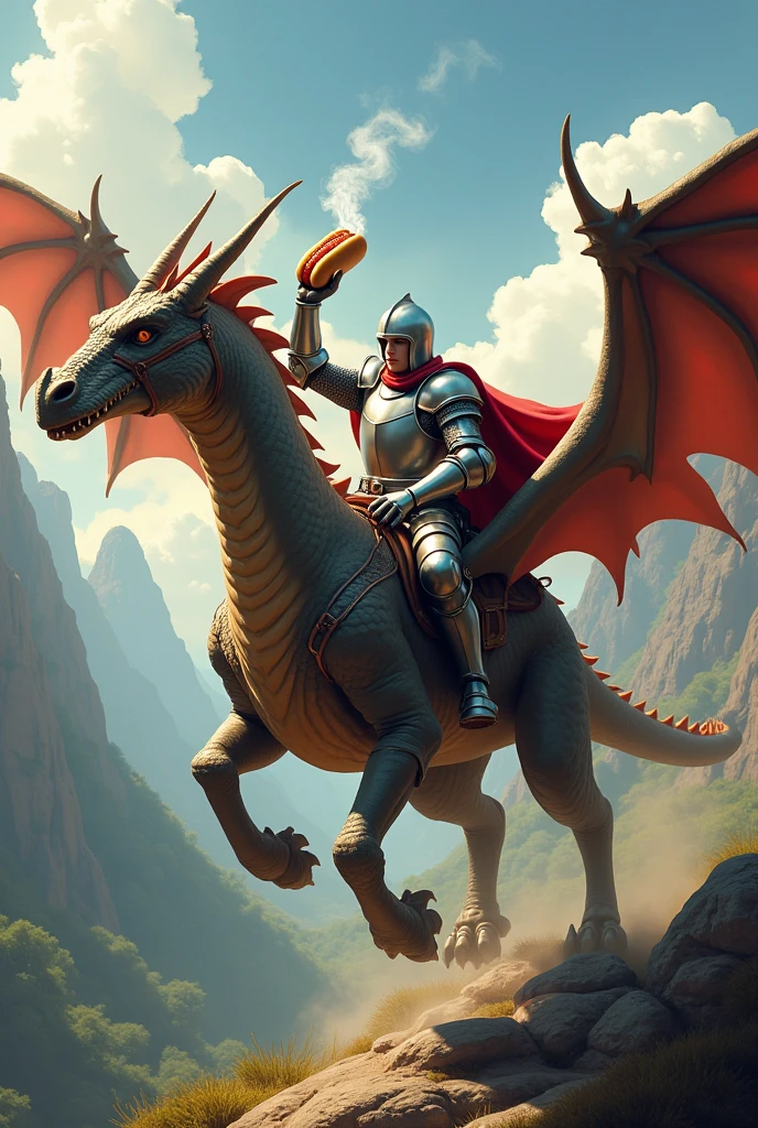 A knight riding a dragon with a hot dot in his hand