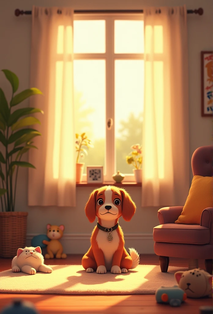 "A cute dog or cat sitting alone in a cozy living room, looking a bit lonely and curious. The room is well-lit with warm tones, and some toys are scattered around."