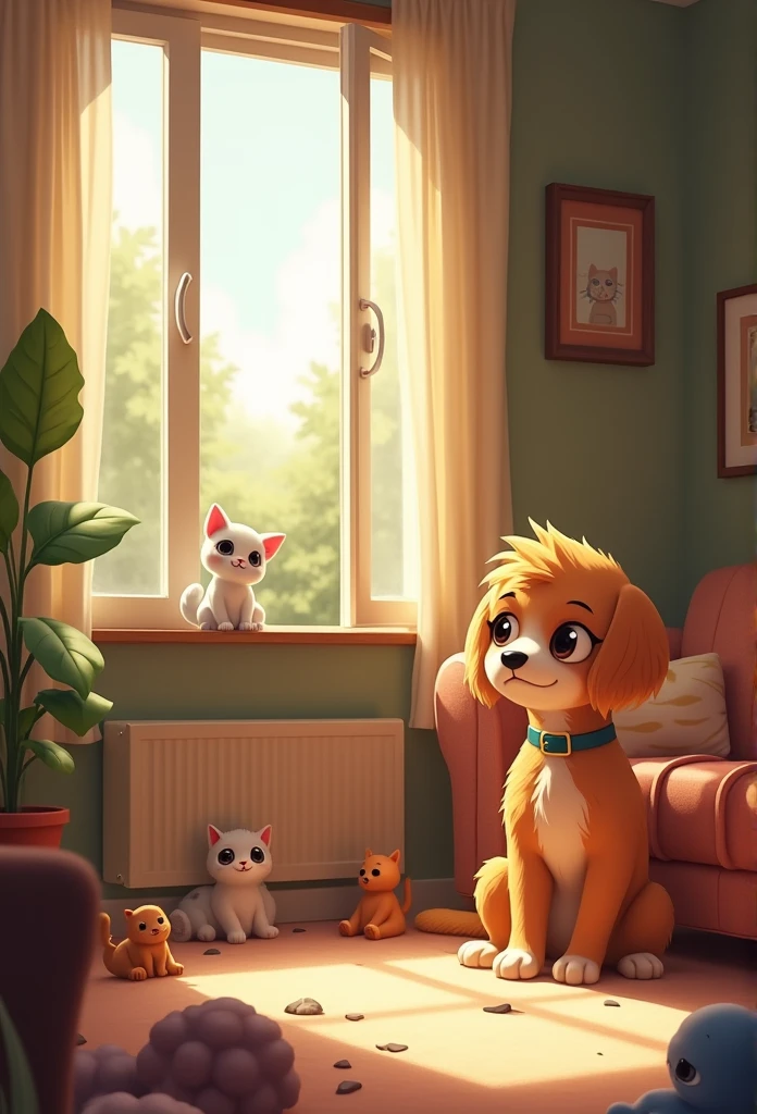 "A cute dog or cat sitting alone in a cozy living room, looking a bit lonely and curious. The room is well-lit with warm tones, and some toys are scattered around."