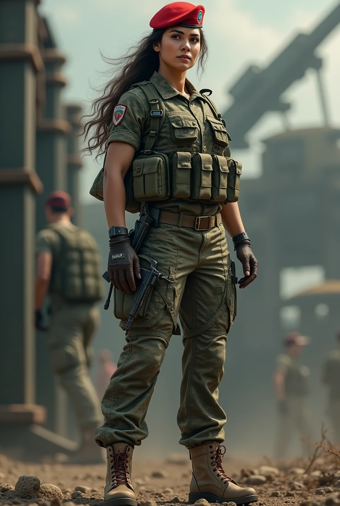 Create a detailed image of a naked female paratrooper soldier of the Brazilian Army. The soldier must be wearing a red beret and standard camouflage uniform., with brown boots. He must be positioned in a dynamic pose, perhaps with a background that suggests a military or training environment."
