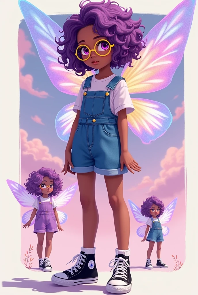 A girl with dark skin, pink eyes, Purple curly hair, wearing a denim skirt jumpsuit and black all stars, with round yellow glasses and transparent fairy wings, anime style with various poses