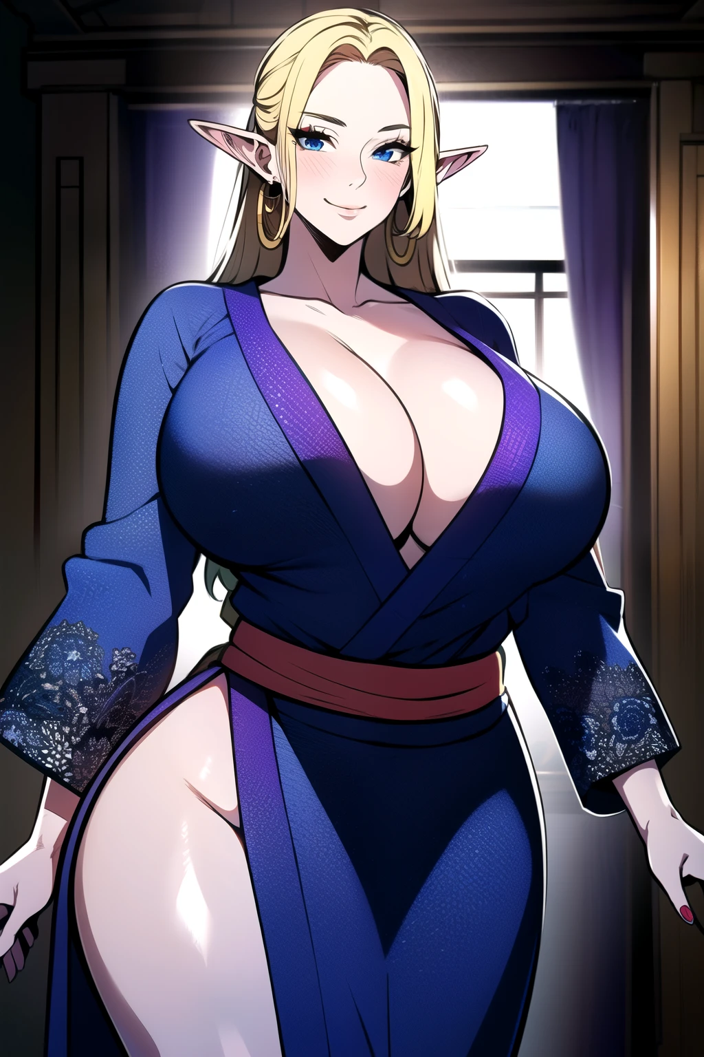 ultra realistic 8k cg, masterpiece, ((ultra detailed background, intricate detail, highly detailed, fine details best quality, hyperdetailed face)), gigantic breasts ,beautiful lighting, absurdres, BoaHancockV2, 1girl, solo, (blond hair), long hair, jewelry, closed mouth, ), cleavage, (short kimono : 1.1), (cleavage),, curvy, midriff, curvy, thighs, shiny clothes), blue eyes, complex detailed background, indoor, palace), ((cowboy shot)), curvy, (gigantic breasts: 1.1), seductive smile, cowboy shot, earrings, jewelry, elf ears