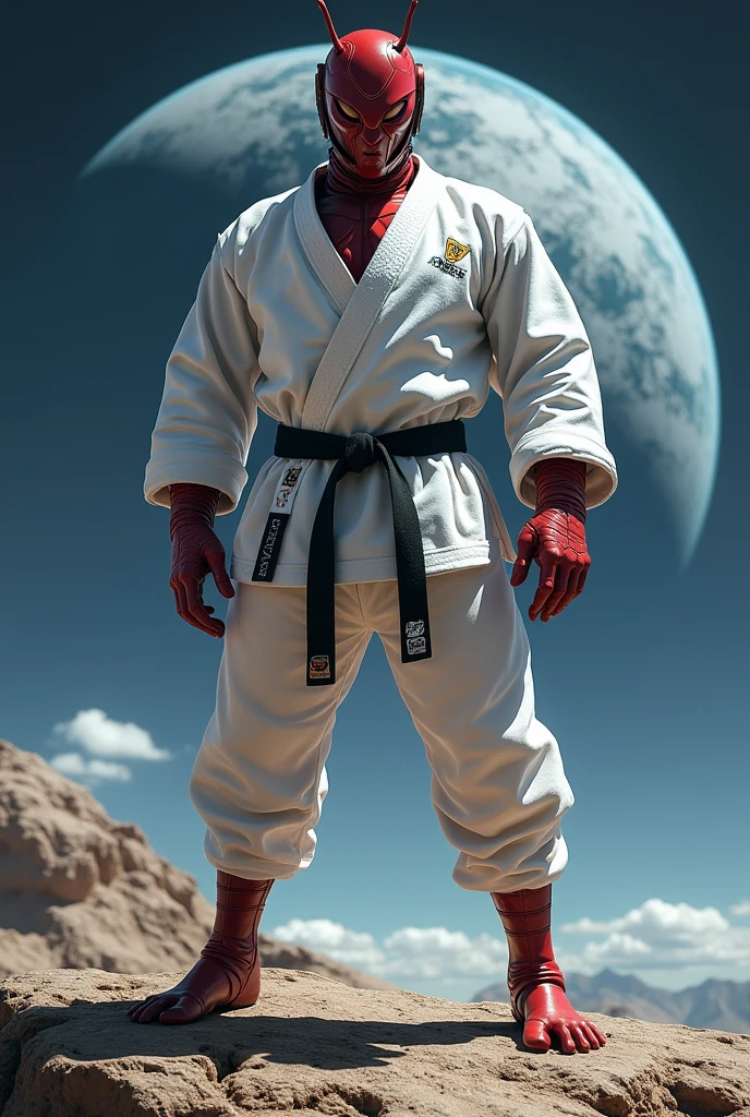 red ant, atomica, jiu jitsu, super heroi, stark, wearing helmet , wearing a white jiu jitsu kimono, long arm sleeve, wearing white pants, black waist belt, with both hands on his waist, pose de heroi, it's not human, planet earth as background, realisitic, fully body