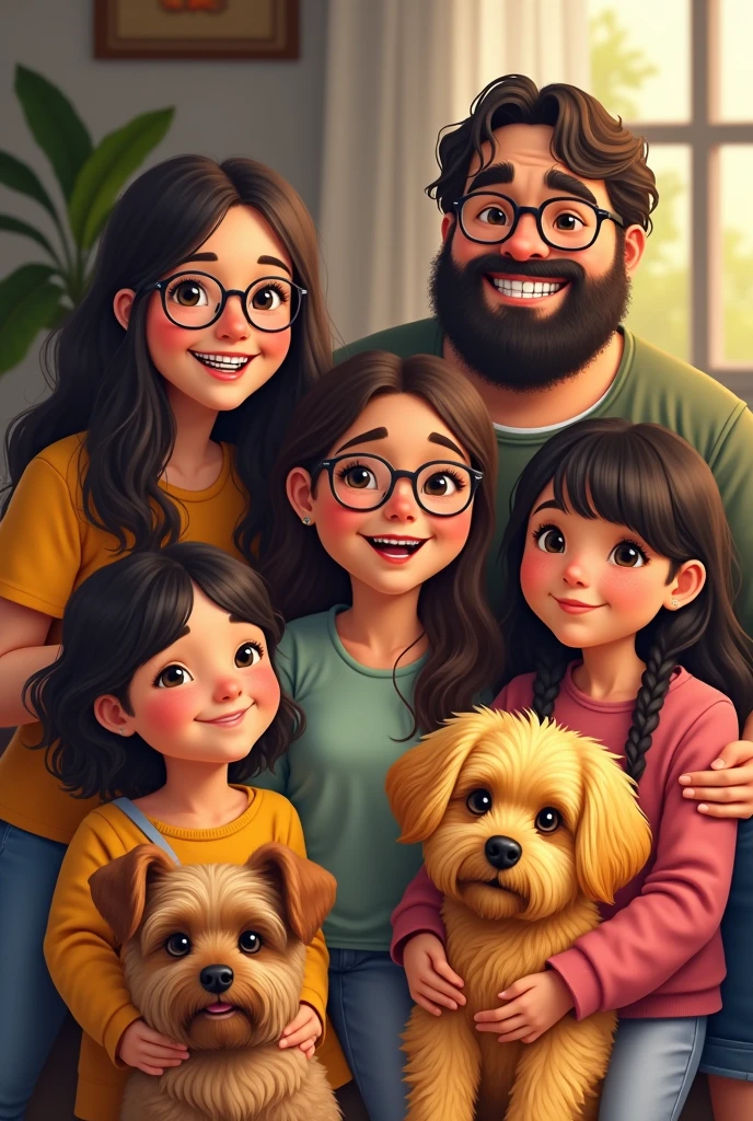A chubby man with a dark beard, long hair and black glasses with a chubby woman with braces and glasses with shoulder-length hair, a chubby girl with long hair and a mole near her mouth ,A thin girl with hair below her shoulders, one with hair above the shoulder and with bangs, a small dog with curly hair of the Yorkshire breed and another dog of the Yorkshire breed in yellow color.