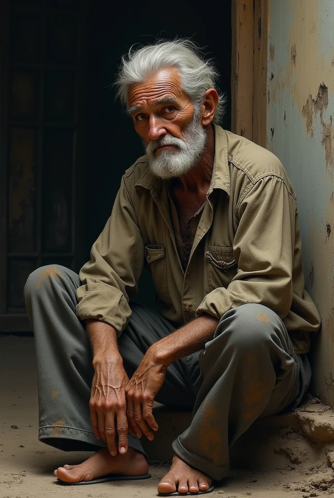 Sad,Black,old Hardworking Father with sweat and broken clothes sitting down for a rest 