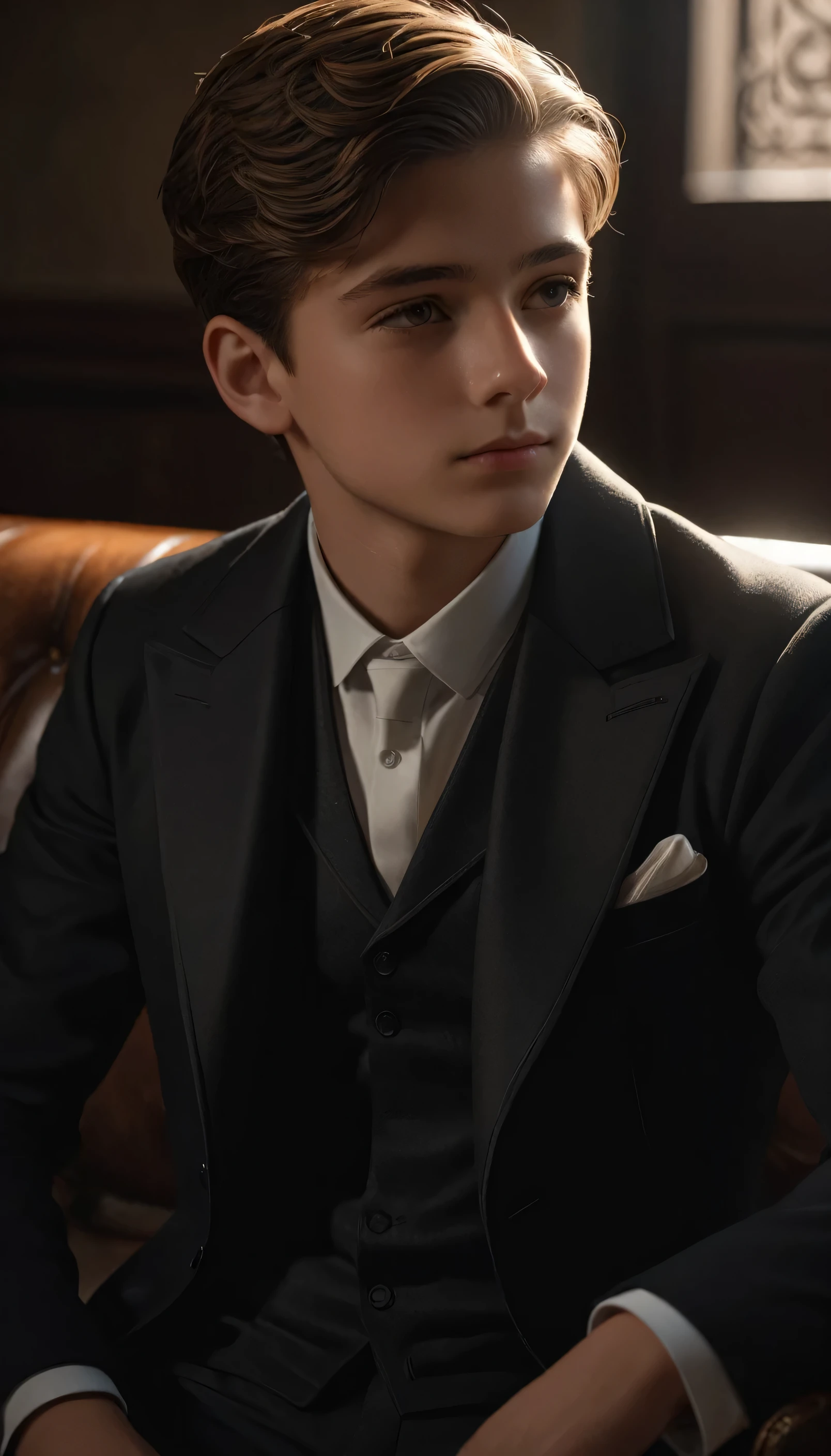 a young boy sitting alone, looking directly at the viewer, with a slight smile, wearing a formal coat, (best quality,4k,8k,highres,masterpiece:1.2),ultra-detailed,(realistic,photorealistic,photo-realistic:1.37),cinematic lighting,chiaroscuro lighting,elegant,formal,serious expression,contemplative,intricate details,striking pose,intricate Black clothing folds,dramatic lighting