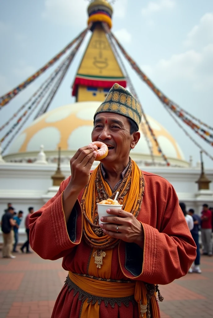 Will please create a photo a Narayan Gopal wearing daura sural Dhaka topi and eating donut with marks Chiya with beautiful boudha stupa background