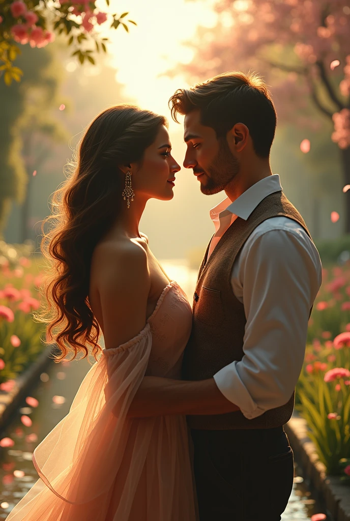A beautiful woman and a handsome man are in a distant garden, one in front of the other, both 12 feet apart.