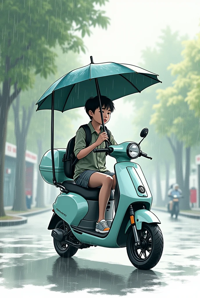 A student sheltered under an umbrella or in a closed cabin while it rains.
Sun protection: A drawing showing a cooling shade or a roof over the student&#39;s head. While using an electric scooter