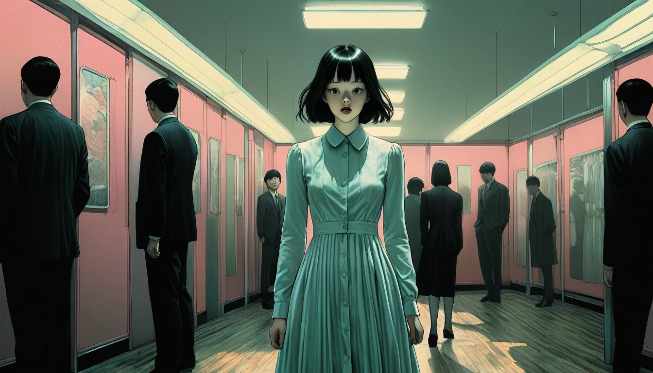 An illustration、art、Supervised by Junji Ito、Overaction、Overreaction、Pretending to be scared、Attention to detail, Realistic shadows、Analog Style, chromatic aberration, Surrealism、Wedindress