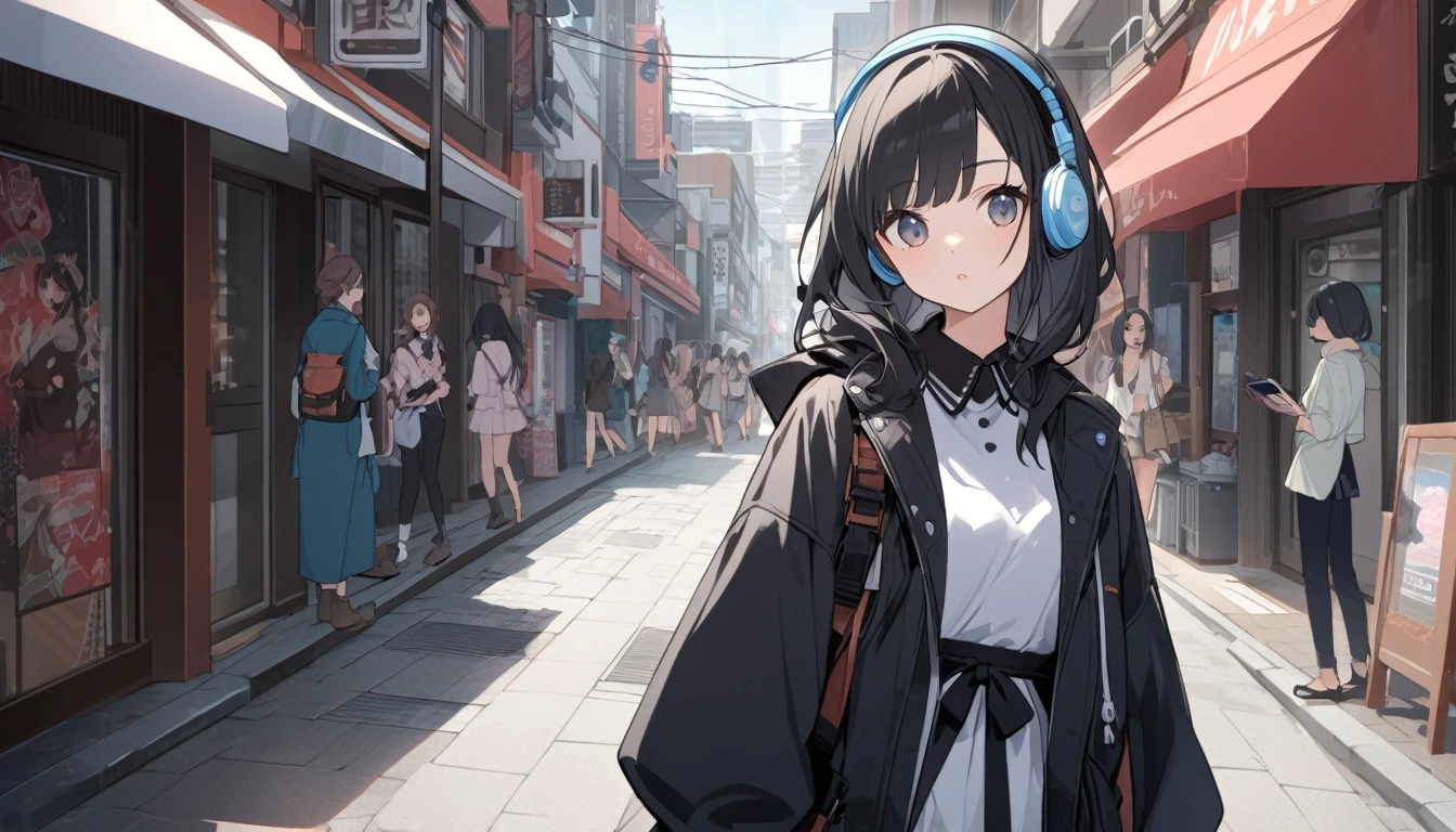 東京のStreetscape、A woman with black hair and cute clothes looking at me,Streetscape、Listening to music with headphones、Japanese