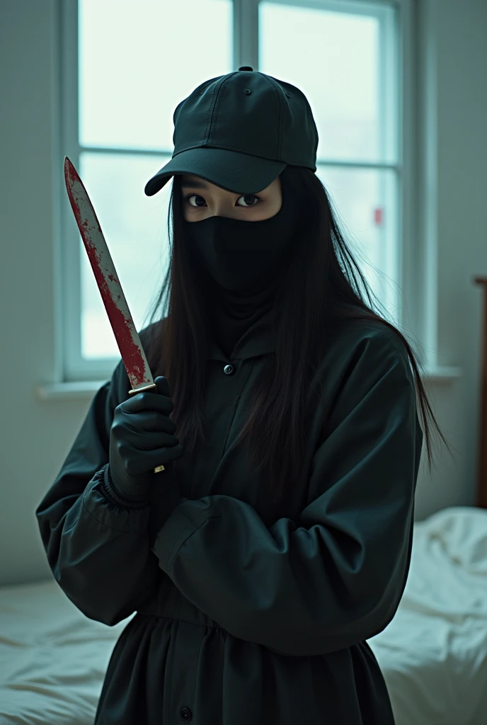 korean girl, (behind stiff, holding knife), stabbing, black balaclava mask, black gloves, white room, black raincoat, black wet suit, trucker hat, bloody knife, black gloves, woman on top, behind cadaver, blood splatter, on the bed, girl only, looking at viewer, mass murderer, killer, blood splatter, atmospheric realistic, light from the window,