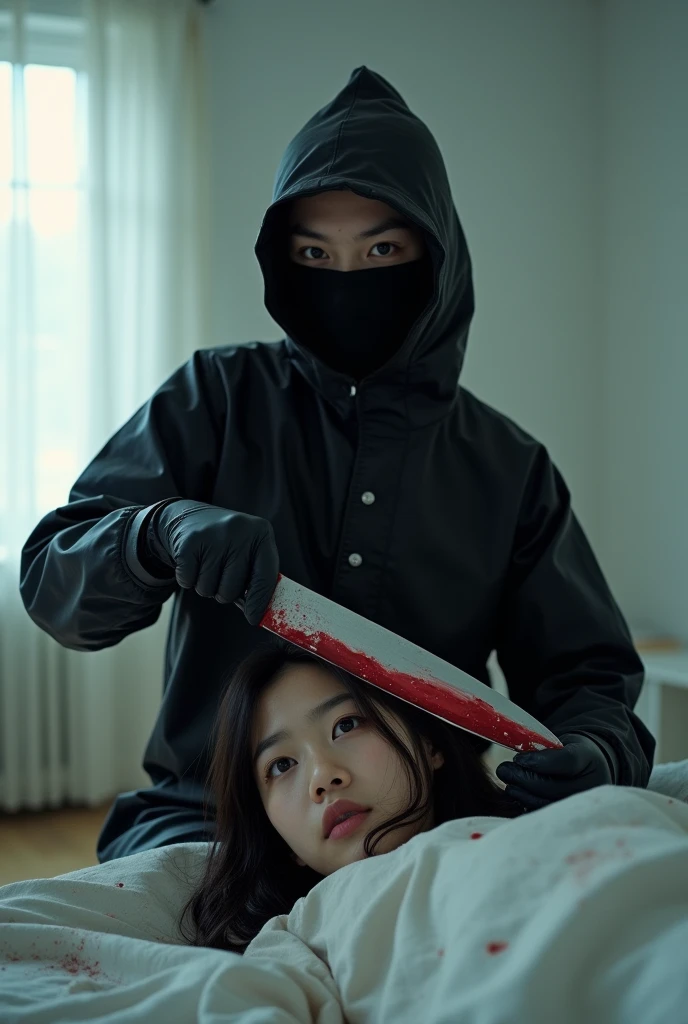 korean girl, (behind stiff, holding knife), stabbing, black balaclava mask, black gloves, white room, black raincoat, black wet suit, trucker hat, bloody knife, black gloves, woman on top, behind cadaver, blood splatter, on the bed, girl only, looking at viewer, mass murderer, killer, blood splatter, atmospheric realistic, light from the window,
