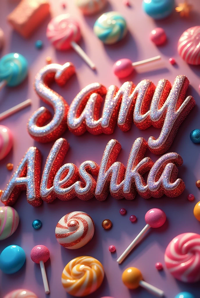 name Samy Aleshka with glitter letters and candy background