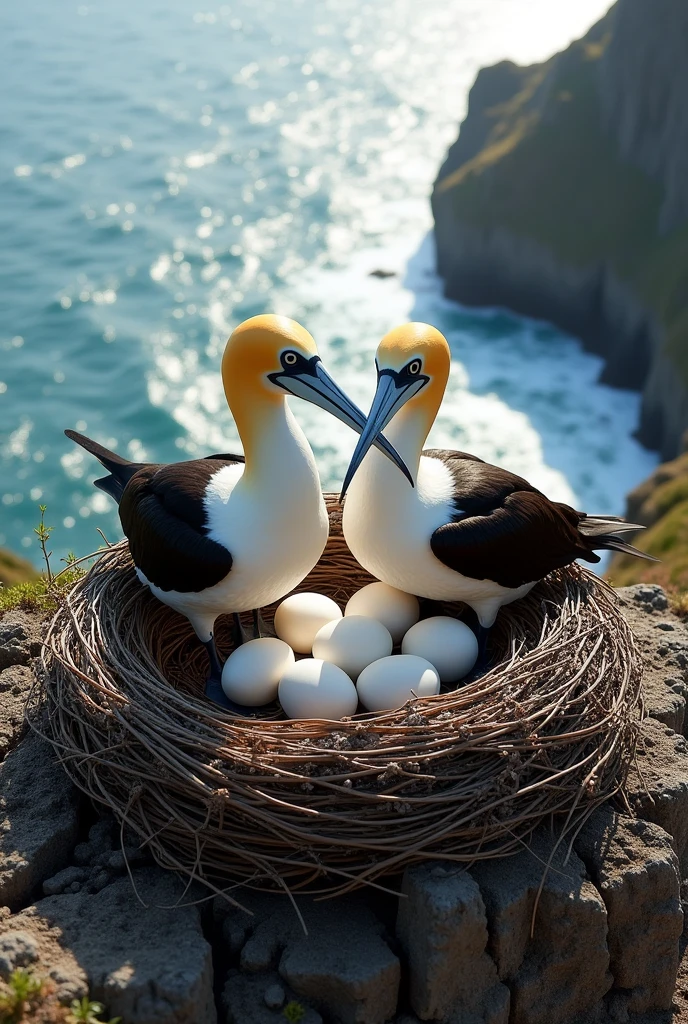 Two gannet birds in their nest with eggs