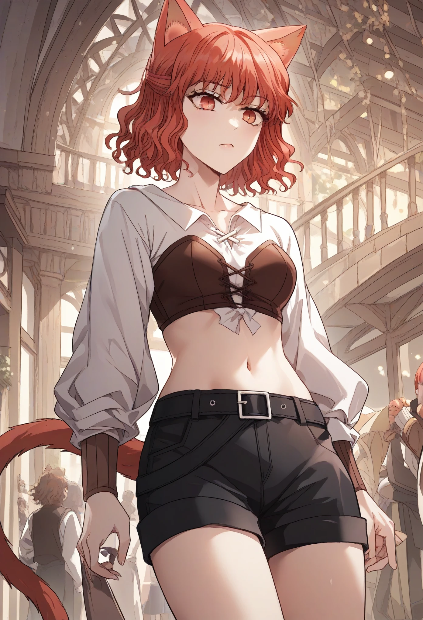 MisshaKarlstein, cat woman, red eyes, red hair, short hair, wavy hair,top tank,shorts,midriff,navel
