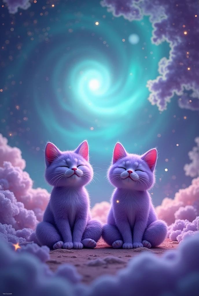 Create two cute cats, hiper realisitic, realisitic, They are meditating, they are purple, Are they happy, and the background is the turquoise and purple galaxy