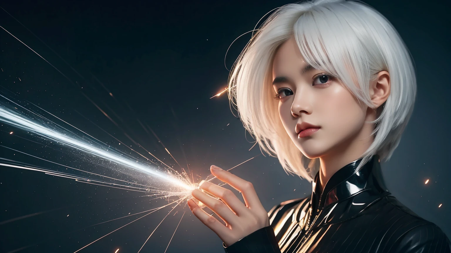 bailing_particles,bailing_lines,The light lines,Particles of light,A girl made of particles,High density of lines in the finger part,(White hair: 0,3),