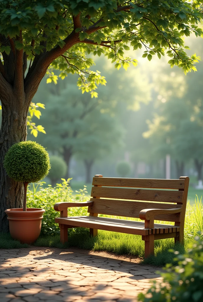 Bench as a place to lie down, read and sit and have a tree pot 