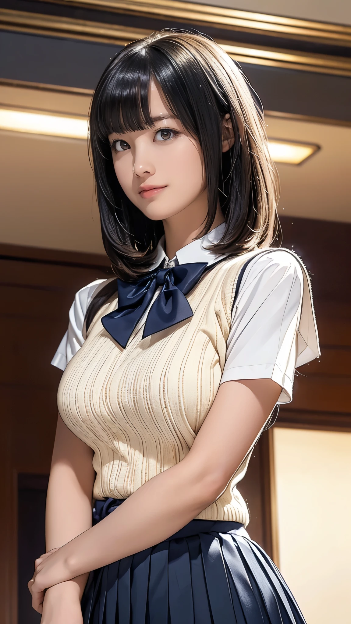 (masterpiece:1.2, Highest quality), (Realistic, photoRealistic:1.4), (Large Breasts:1.5, Saggy breasts:1.3), Beautiful illustrations, (Natural Side Lighting, Cinema Lighting), Written boundary depth, Looking at the audience, (Face Focus, Upper Body), Front view, 1 person, Japanese, Junior high school girl, , Perfect Face, Symmetrical cute face, Glowing Skin, (Bob Hair:1.7,Black Hair), Asymmetrical bangs, Big eyes, Droopy eyes, long eyelashes chest), thin, Beautiful Hair, Beautiful Face, Beautiful and beautiful eyes, Beautiful clavicle, Beautiful body, Beautiful breasts, Beautiful thighs, Beautiful legs, Beautiful fingers, ((Quality fabric texture, brown knit vest, Short sleeve white collar shirt, Navy Pleated Skirt, Navy bow tie)), (Beautiful views), evening, (Inside the flower shop), Are standing, (smile, wonderful, Open your mouth), (From below:1.5),(Poor horizon:1.5), (From below)