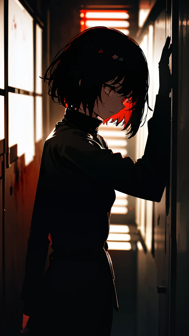 Anime girl with (short black hair:1.1), black turtleneck long sleeve, black format pants, leather jacket with zipper, (silhouetted against a red, window-lit hallway:1.3), mysterious aura, dramatic shading, high contrast, intense and somber mood, (text overlay: ".is you.":1.1), close up shot on person, psychological thriller vibe, bulging eyes, serious face, traumatized, woman with blood on her face, blood stains in clothes, she looking a mirror, (shadowed face with a hint of light on eyes:1.2), dark, suspenseful atmosphere. interrogation room,