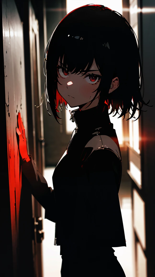 Anime girl with (short black hair:1.1), black turtleneck long sleeve, black format pants, leather jacket with zipper, (silhouetted against a red, window-lit hallway:1.3), mysterious aura, dramatic shading, high contrast, intense and somber mood, (text overlay: ".is you.":1.1), close up shot on person, psychological thriller vibe, bulging eyes, serious face, traumatized, woman with blood on her face, blood stains in clothes, she looking a mirror, (shadowed face with a hint of light on eyes:1.2), dark, suspenseful atmosphere. interrogation room,